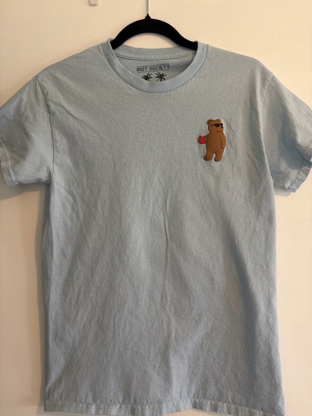 riot society Pale Blue Tee with Brown Bear and Red Cup Graphic